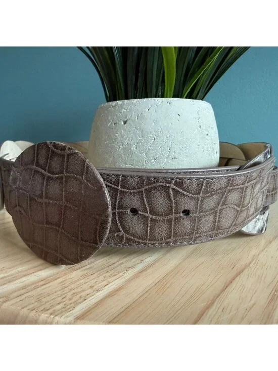 Chicos Belt M Brown Croc Embossed Faux Leather Belt With Snake Print Accents - Picture 12 of 16